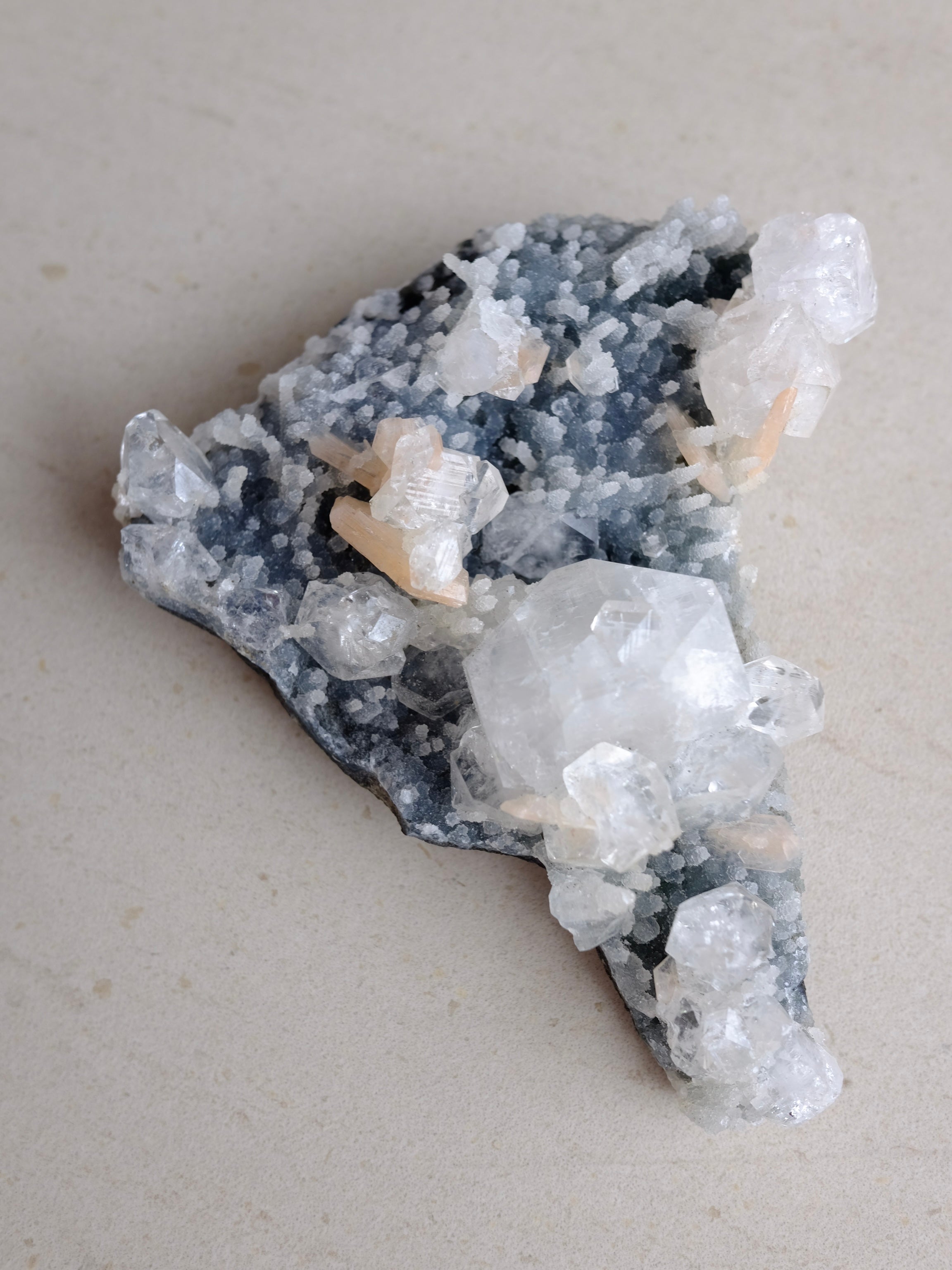 Apophyllite Peach Stilbite on Blue Chalcedony Bed